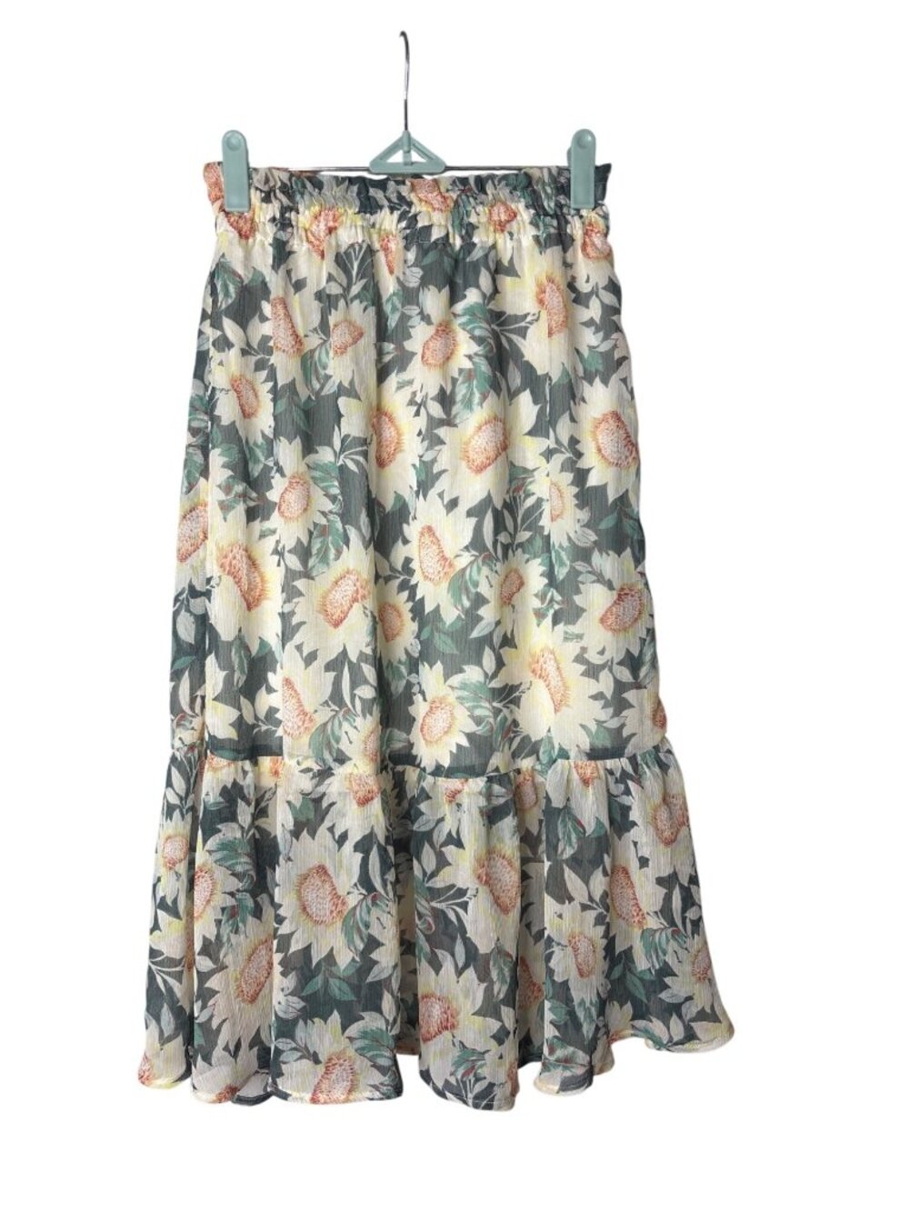 LC Lauren Conrad A-Line Midi Skirt Size XS Elastic Waist Pull On Sheer Sunflower